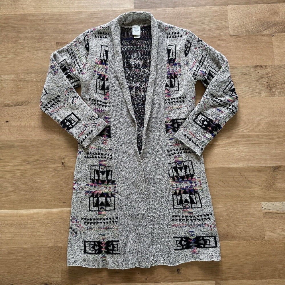 Anthropologie Gray Aztec-Patterned Open Cardigan with Black and Purple Accents